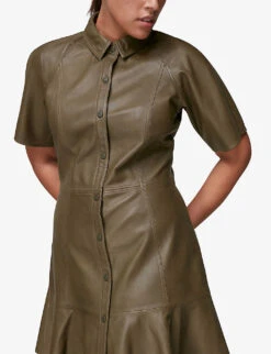 Whistles Button-down Flared Leather Mini Dress -The Fashion Shop R03776767 KHAKIOLIVE ALT03
