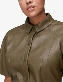 Whistles Button-down Flared Leather Mini Dress -The Fashion Shop R03776767 KHAKIOLIVE ALT04