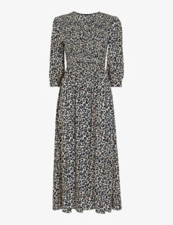 Whistles Cheetah-print Shirred Woven Midi Dress