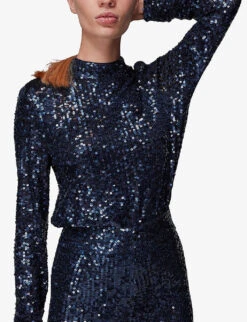 Whistles High-rise Sequin-embellished Stretch Recycled-polyester Midi Skirt -The Fashion Shop R03846036 NAVY ALT02