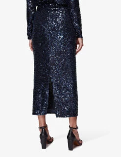 Whistles High-rise Sequin-embellished Stretch Recycled-polyester Midi Skirt -The Fashion Shop R03846036 NAVY ALT03