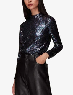 Whistles High-neck Sequin-embellished Stretch Recycled-polyester Top 9 Whistles High-neck Sequin-embellished Stretch Recycled-polyester Top -The Fashion Shop R03846037 NAVY ALT04