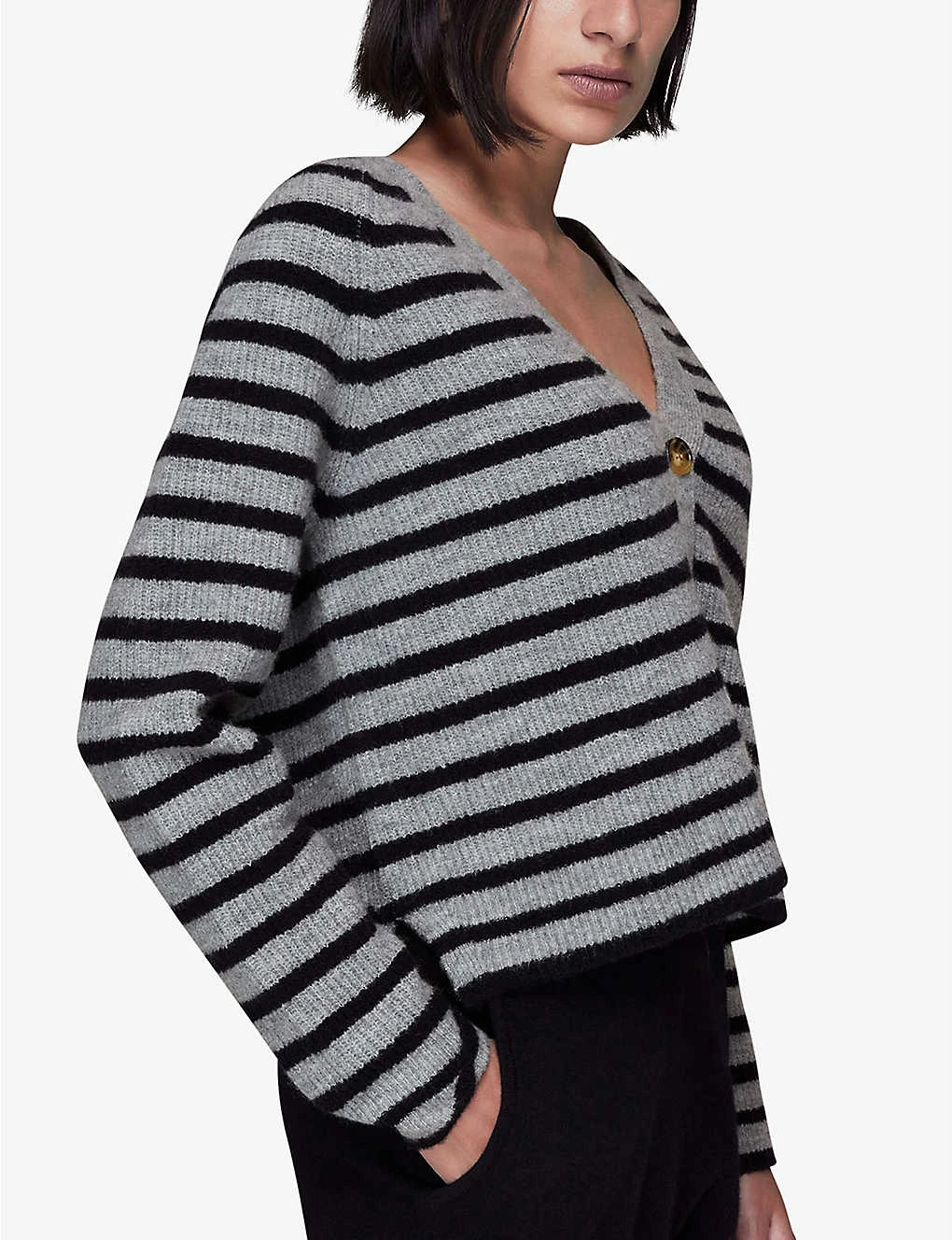 Whistles Striped V-neck Stretch-knit Cardigan 3 Whistles Striped V-neck Stretch-knit Cardigan - Image 3