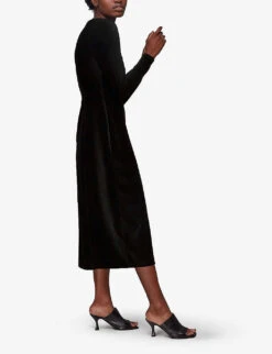 Whistles Sweetheart Long-sleeved Velvet-cord Midi Dress -The Fashion Shop R03851013 BLACK ALT02