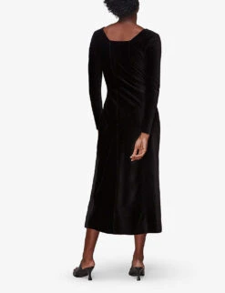 Whistles Sweetheart Long-sleeved Velvet-cord Midi Dress -The Fashion Shop R03851013 BLACK ALT03