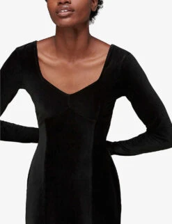 Whistles Sweetheart Long-sleeved Velvet-cord Midi Dress -The Fashion Shop R03851013 BLACK ALT04