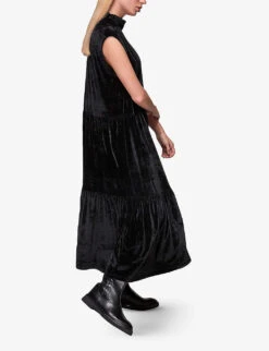 Whistles Tiered Stretch-velvet Midi Dress -The Fashion Shop R03851435 BLACK ALT04