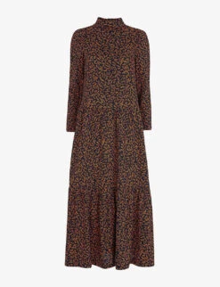 Whistles Leaves-print Tiered Cotton-jersey Midi Dress