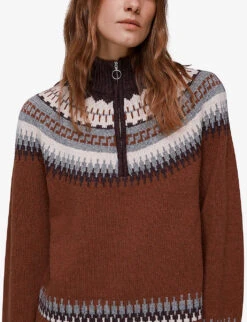 Whistles Fairisle Zip Nordic-pattern Wool-blend Jumper 7 Whistles Fairisle Zip Nordic-pattern Wool-blend Jumper -The Fashion Shop R03887652 BROWN ALT02