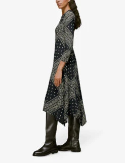 Whistles Bandana Print Asymmetric Hem Woven Midi Dress 8 Whistles Bandana Print Asymmetric Hem Woven Midi Dress -The Fashion Shop R03904108 BLACK ALT02