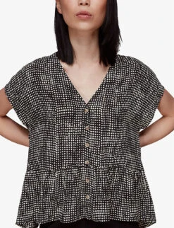 Whistles Spotted Check-print Peplum Woven Top 6 Whistles Spotted Check-print Peplum Woven Top -The Fashion Shop R03907589 NAVY ALT02