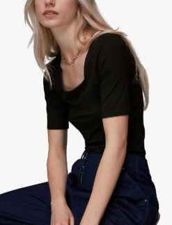 Whistles Square-neck Puffed-shoulder Stretch-woven T-shirt -The Fashion Shop R03945998 BLACK ALT02
