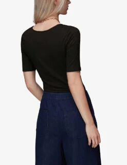 Whistles Square-neck Puffed-shoulder Stretch-woven T-shirt -The Fashion Shop R03945998 BLACK ALT03