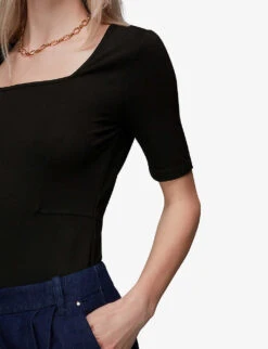 Whistles Square-neck Puffed-shoulder Stretch-woven T-shirt -The Fashion Shop R03945998 BLACK ALT04