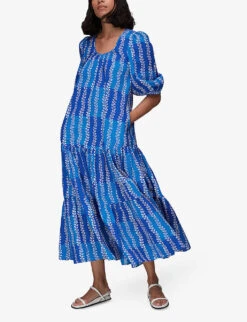 Whistles Leaf-print Puffed-sleeve Organic-cotton Midi Dress -The Fashion Shop R03953961 MULTICOLOURED ALT02