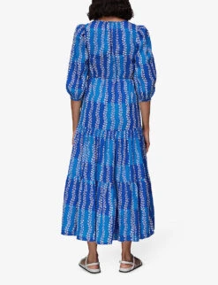 Whistles Leaf-print Puffed-sleeve Organic-cotton Midi Dress -The Fashion Shop R03953961 MULTICOLOURED ALT03