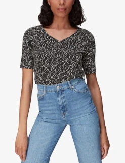 Whistles Ink Leopard-print Ruched Woven T-shirt 7 Whistles Ink Leopard-print Ruched Woven T-shirt -The Fashion Shop R03963065 BLACK ALT02