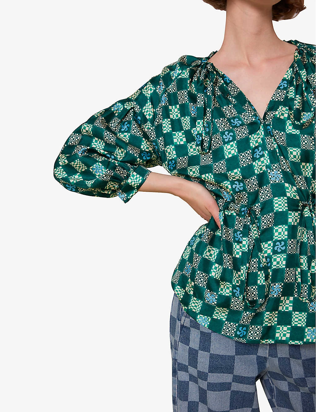 Whistles Checkerboard Adjustable-waist Silk Top 5 Whistles Checkerboard Adjustable-waist Silk Top - Image 5