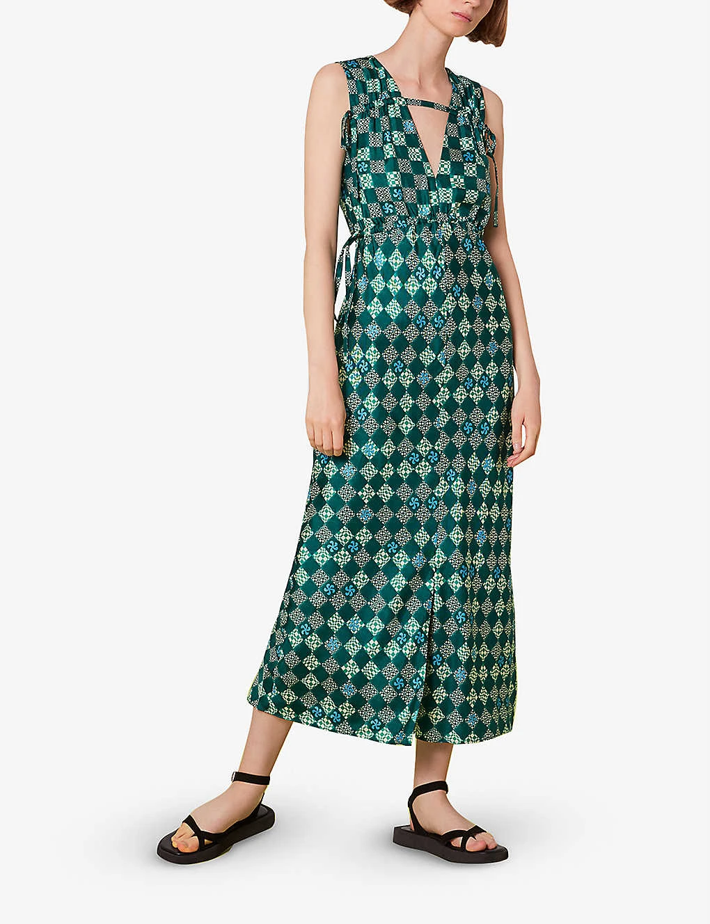 Whistles Checkerboard V-neck Adjustable-waist Silk Midi Dress 2 Whistles Checkerboard V-neck Adjustable-waist Silk Midi Dress - Image 2