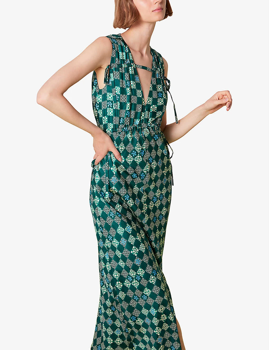 Whistles Checkerboard V-neck Adjustable-waist Silk Midi Dress 3 Whistles Checkerboard V-neck Adjustable-waist Silk Midi Dress - Image 3