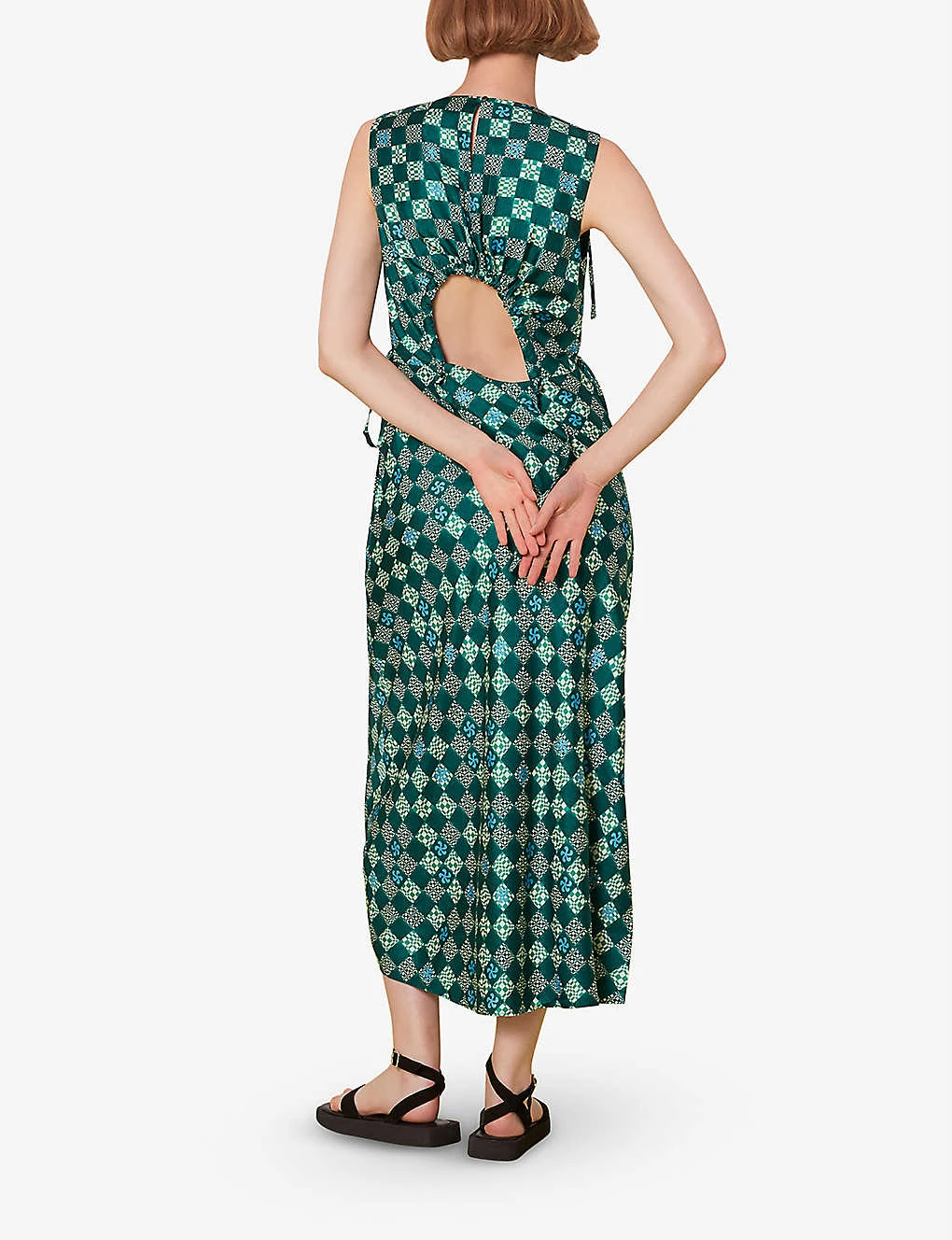 Whistles Checkerboard V-neck Adjustable-waist Silk Midi Dress 4 Whistles Checkerboard V-neck Adjustable-waist Silk Midi Dress - Image 4