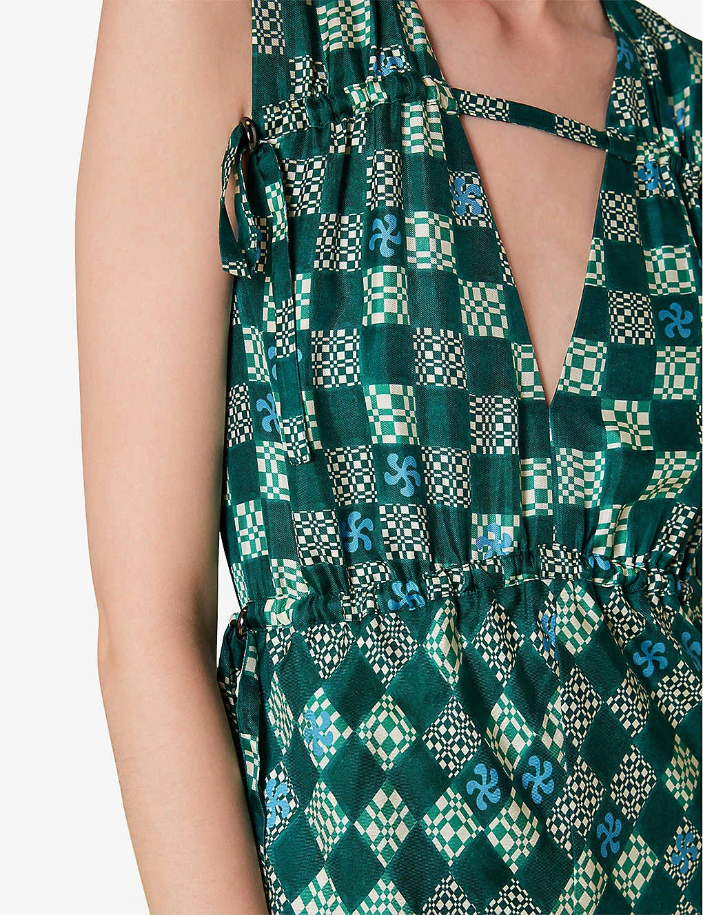 Whistles Checkerboard V-neck Adjustable-waist Silk Midi Dress 5 Whistles Checkerboard V-neck Adjustable-waist Silk Midi Dress - Image 5