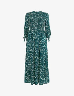 Whistles Sahara Animal-print Shirred-bodice Woven Midi Dress