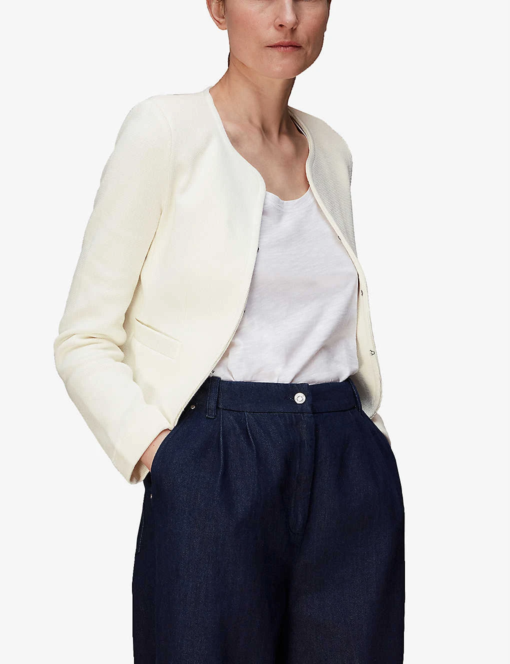 Whistles Collarless Textured Cotton-jersey Blazer 3 Whistles Collarless Textured Cotton-jersey Blazer - Image 3