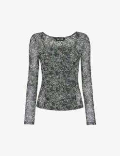 Whistles Floral-print Gathered-detail Mesh Top