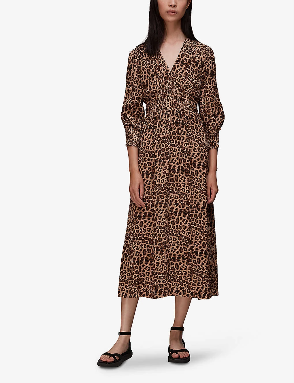 Whistles Jungle-cheetah Print Shirred Woven Midi Dress 2 Whistles Jungle-cheetah Print Shirred Woven Midi Dress - Image 2