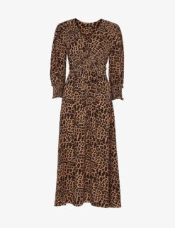 Whistles Jungle-cheetah Print Shirred Woven Midi Dress