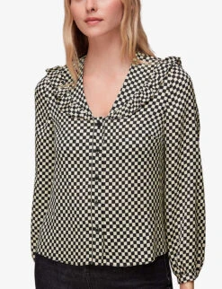 Whistles Checkerboard-print Frilled Recycled-polyester Top -The Fashion Shop R04077200 BLACK ALT02