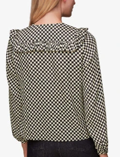 Whistles Checkerboard-print Frilled Recycled-polyester Top -The Fashion Shop R04077200 BLACK ALT03