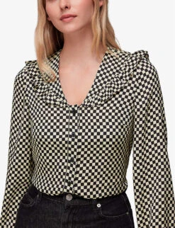 Whistles Checkerboard-print Frilled Recycled-polyester Top -The Fashion Shop R04077200 BLACK ALT04