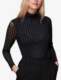 Whistles Checked-print Stretch-mesh Top 7 Whistles Checked-print Stretch-mesh Top -The Fashion Shop R04084624 BLACK ALT02
