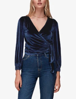 Whistles Wrap V-neck Velvet Stretch-recycled Polyester Top 7 Whistles Wrap V-neck Velvet Stretch-recycled Polyester Top -The Fashion Shop R04084625 NAVY ALT02