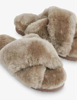 Whistles Macy Cross-strap Fluffy Slippers -The Fashion Shop R04099233 BROWN ALT02