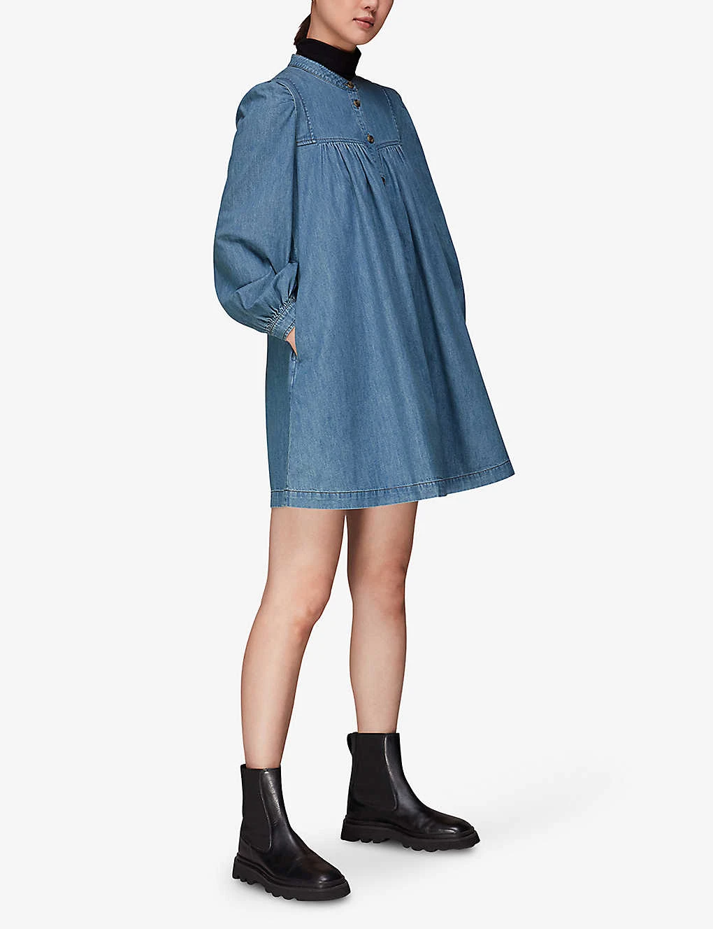 Whistles Puff-sleeve Denim Chambray Trapeze Dress 2 Whistles Puff-sleeve Denim Chambray Trapeze Dress - Image 2