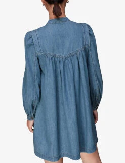Whistles Puff-sleeve Denim Chambray Trapeze Dress 8 Whistles Puff-sleeve Denim Chambray Trapeze Dress -The Fashion Shop R04108108 BLUE ALT03