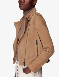 Whistles Agnes Slim-fit Suede Biker Jacket -The Fashion Shop R04121265 TAN ALT02