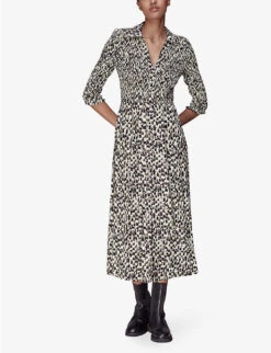 Whistles Abstract-print Shirred-bodice Woven Midi Dress -The Fashion Shop R04130151 BLACK ALT02