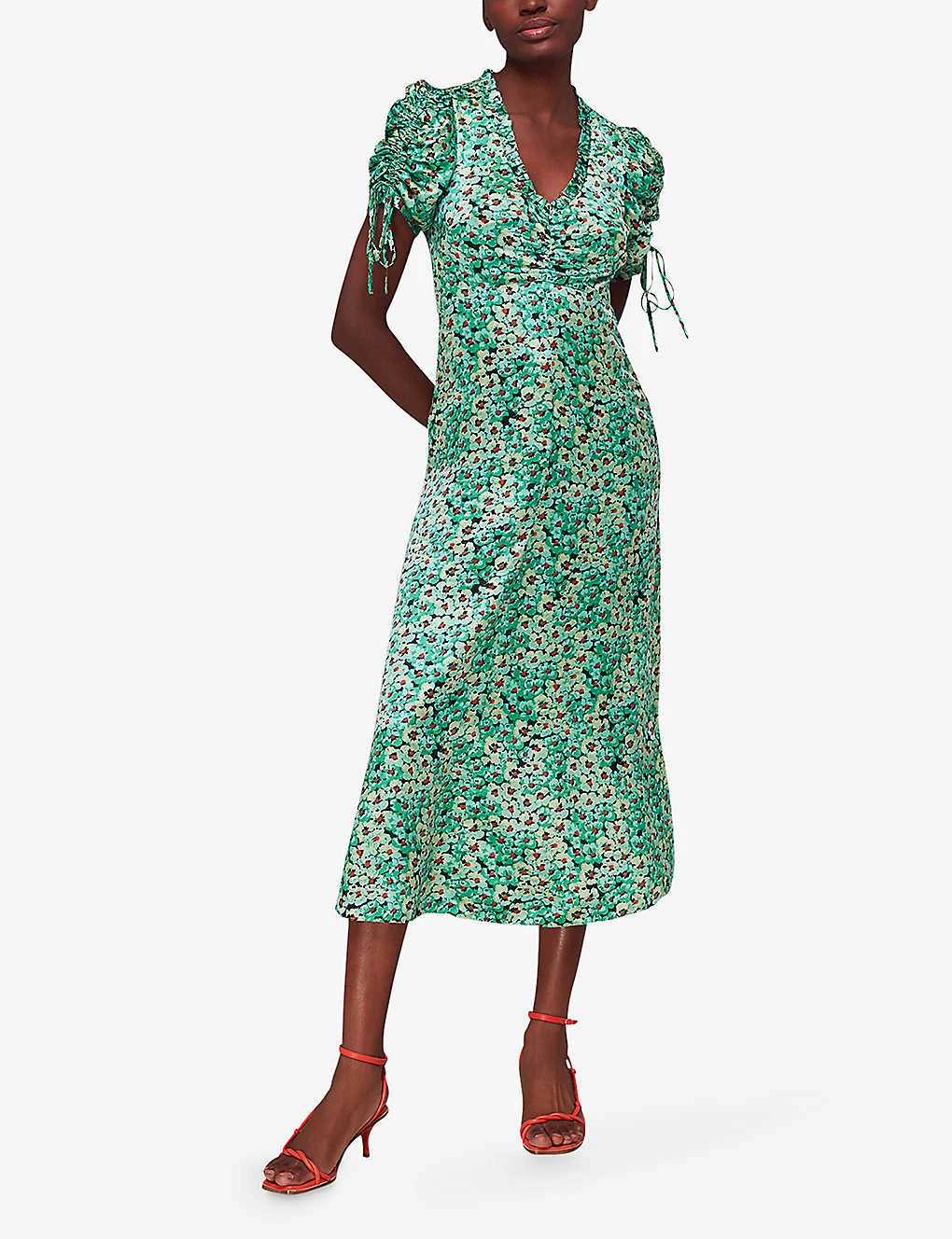 Whistles Pansy Meadow Floral-print Ruched-sleeve Satin Midi Dress 2 Whistles Pansy Meadow Floral-print Ruched-sleeve Satin Midi Dress - Image 2