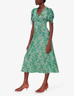 Whistles Pansy Meadow Floral-print Ruched-sleeve Satin Midi Dress 8 Whistles Pansy Meadow Floral-print Ruched-sleeve Satin Midi Dress -The Fashion Shop R04145312 MULTICOLOURED ALT02