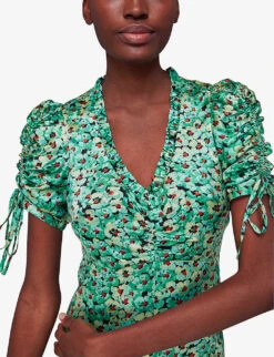 Whistles Pansy Meadow Floral-print Ruched-sleeve Satin Midi Dress 10 Whistles Pansy Meadow Floral-print Ruched-sleeve Satin Midi Dress -The Fashion Shop R04145312 MULTICOLOURED ALT04
