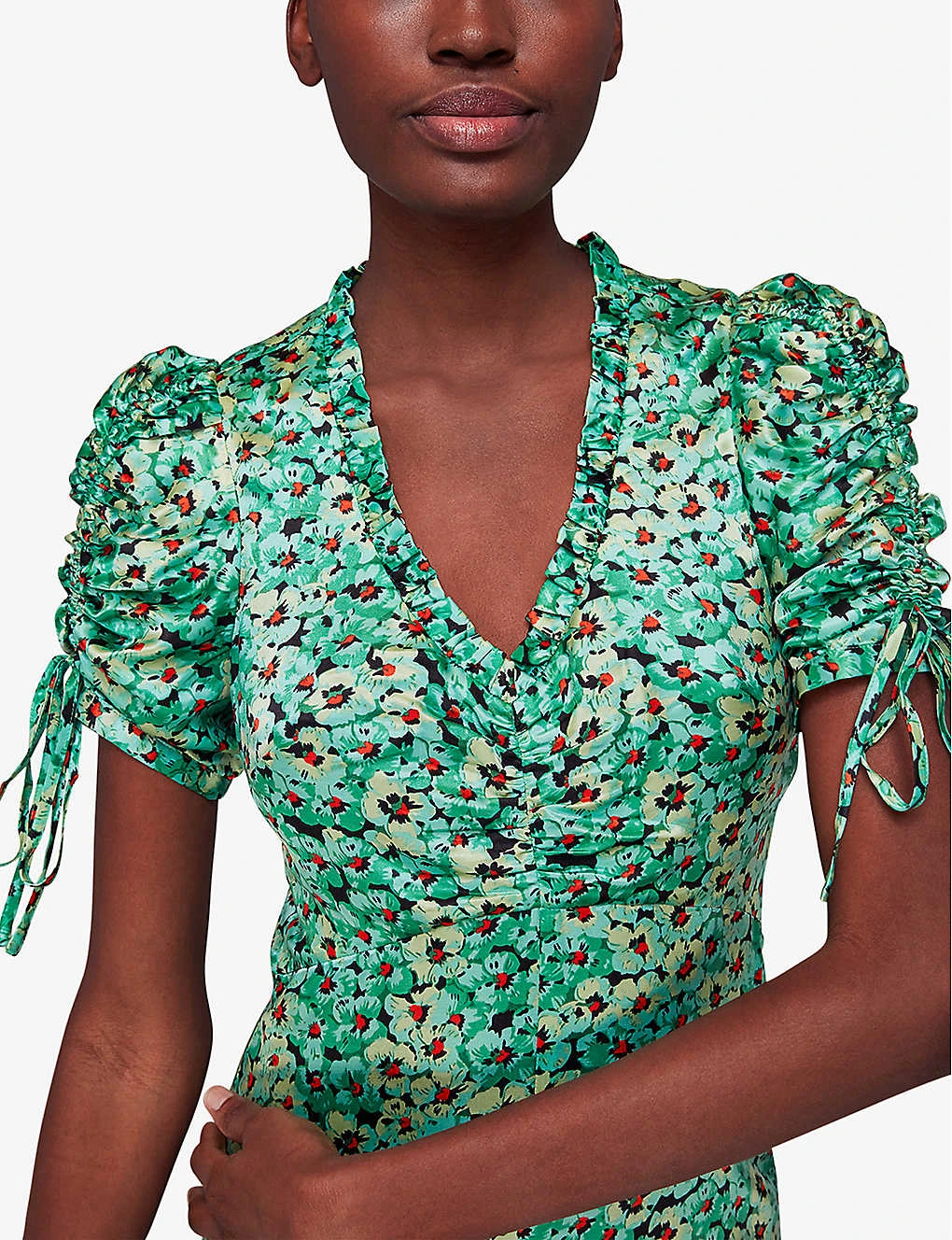 Whistles Pansy Meadow Floral-print Ruched-sleeve Satin Midi Dress 5 Whistles Pansy Meadow Floral-print Ruched-sleeve Satin Midi Dress - Image 5