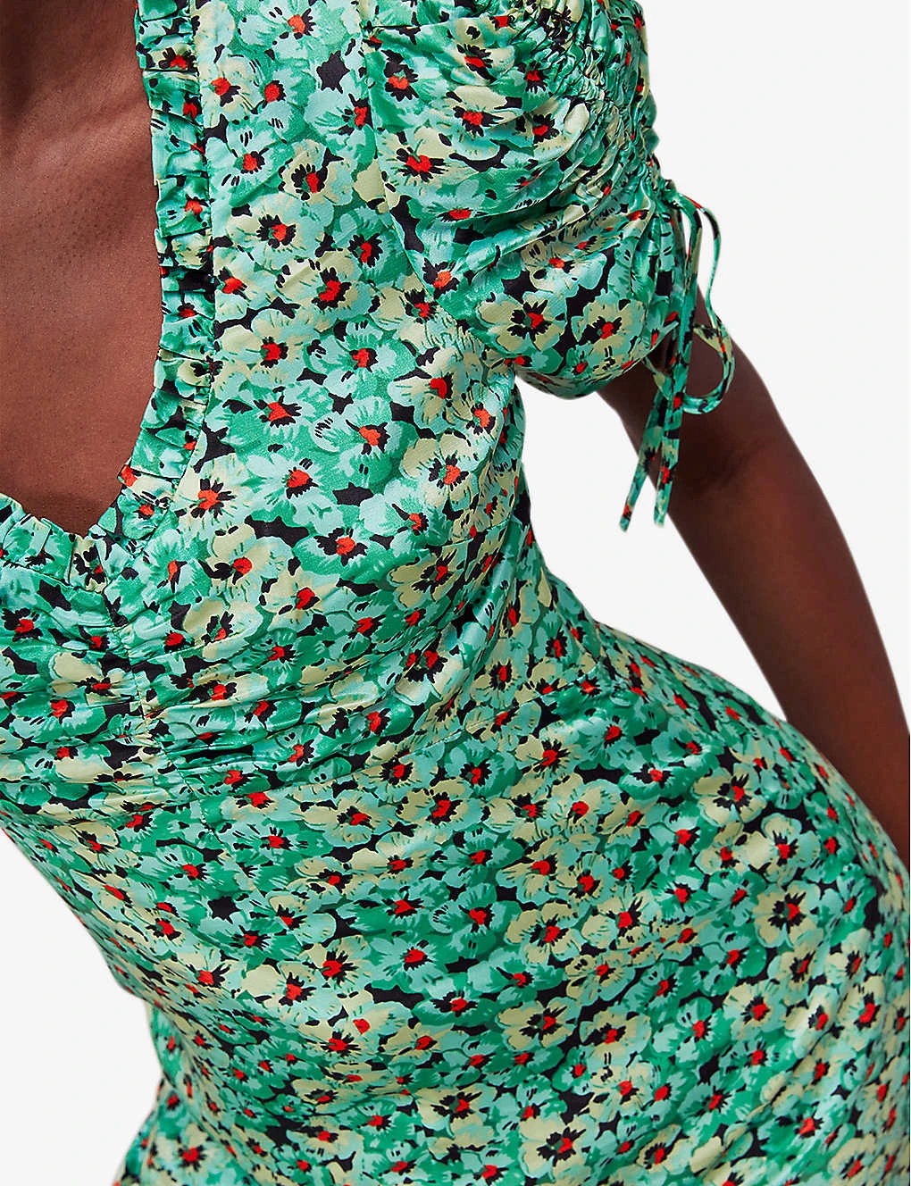 Whistles Pansy Meadow Floral-print Ruched-sleeve Satin Midi Dress 6 Whistles Pansy Meadow Floral-print Ruched-sleeve Satin Midi Dress - Image 6