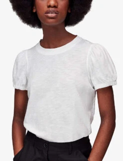 Whistles Puff-sleeved Keyhole Cotton-jersey T-shirt 7 Whistles Puff-sleeved Keyhole Cotton-jersey T-shirt -The Fashion Shop R04146881 WHITE ALT02