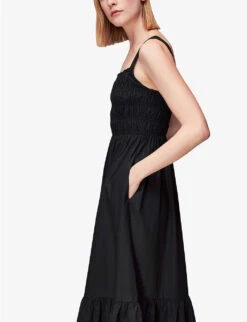 Whistles Greta Shirred-bodice Ruched Cotton-poplin Midi Dress -The Fashion Shop R04153123 BLACK ALT02