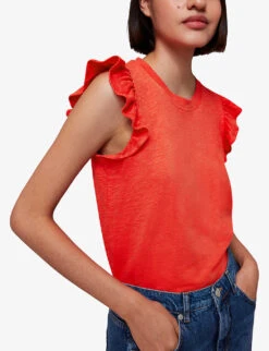 Whistles Frilled Cap-sleeved Cotton T-shirt 7 Whistles Frilled Cap-sleeved Cotton T-shirt -The Fashion Shop R04153129 RED ALT02