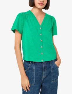 Whistles Maeve V-neck Button-down Cotton T-shirt 7 Whistles Maeve V-neck Button-down Cotton T-shirt -The Fashion Shop R04174111 GREEN ALT02